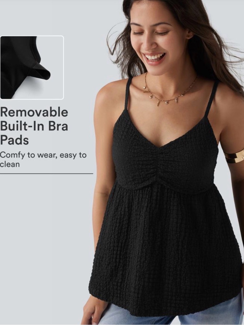 Halara Black Smocked Tankini Top with Built-In Bra Pads